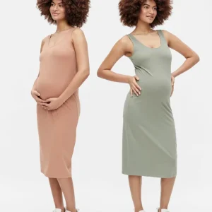 Mamalicious - Sia Jersey Midi Kjole 2-pack - Mocha Mousse / Sea Spray